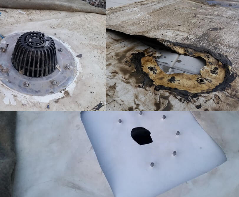 Collage of three images showing damaged and worn-out sections of a flat roof, including a drain cover, torn membrane, punctured roofing material, and areas in need of repair fascia and soffit.