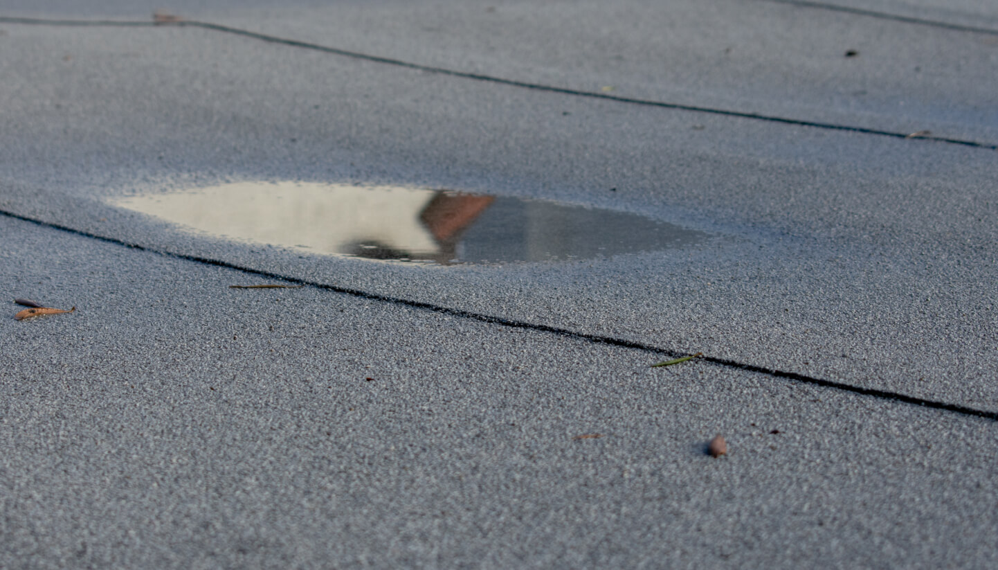 A small puddle of water on a flat, gray, textured surface with faint reflections of a building in the puddle hints at potential issues—perhaps it’s time to repair fascia and soffit to prevent further water accumulation.