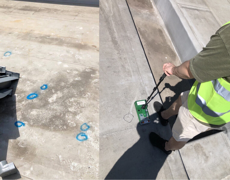 A person in a safety vest uses a handheld device on a concrete surface, possibly to assess areas to repair fascia and soffit; blue circles mark spots on the ground in a separate section of the image.
